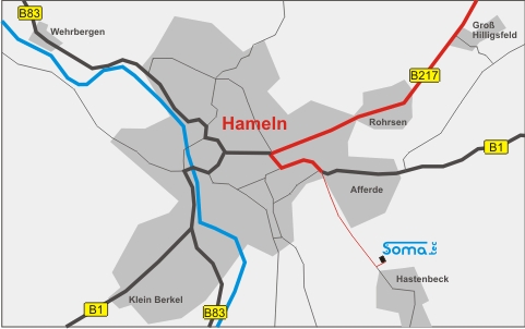 City map of Hameln from Hanover airport